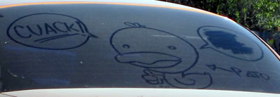 Pato dibujado en el vidrio trasero de un carro 